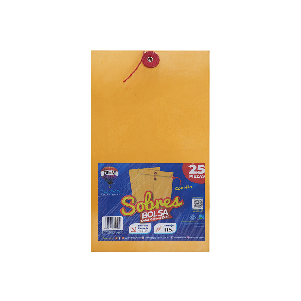 SOBRE DIEM MEDIA CARTA ESQUELA 115 GRAMOS 16X24 CENTÍMETROS HILO PAQUETE CON 25 PIEZAS