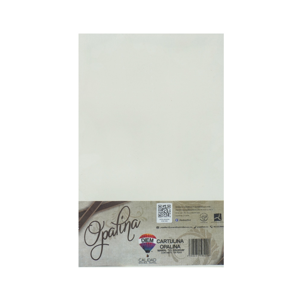 HOJA DE PAPEL OPALINA DIEM MARFIL TAMAÑO OFICIO PAQUETE CON 100 PIEZAS 225 GRAMOS