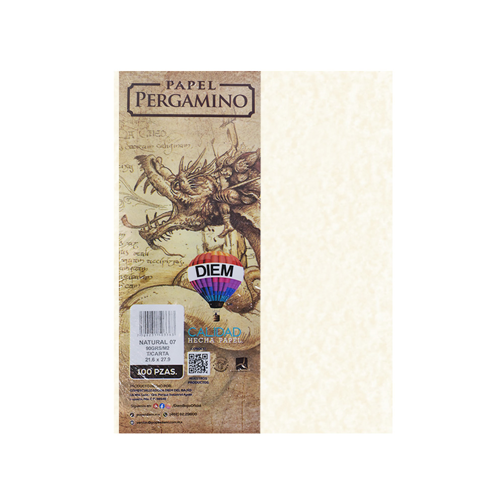 HOJA DE PAPEL PERGAMINO DIEM TC NATURAL 07 90 GRAMOS "PAQUETE¨" CON 100 PIEZAS