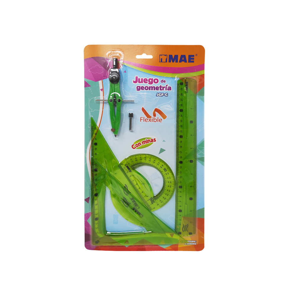 JUEGO DE GEOMETRIA MAE JGF-G FLEXIBLE CON COMPAS DE PRECISION GRANDE