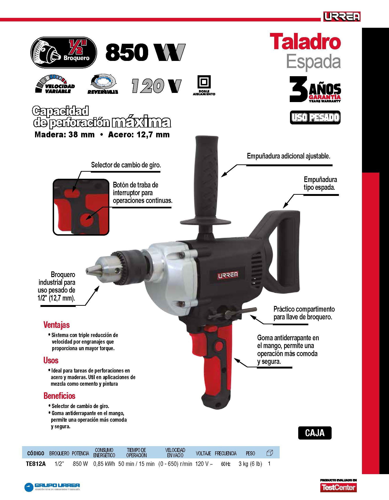 TALADRO ESPADA URREA TE812A 1/2'' 850 WATTS - Image 2