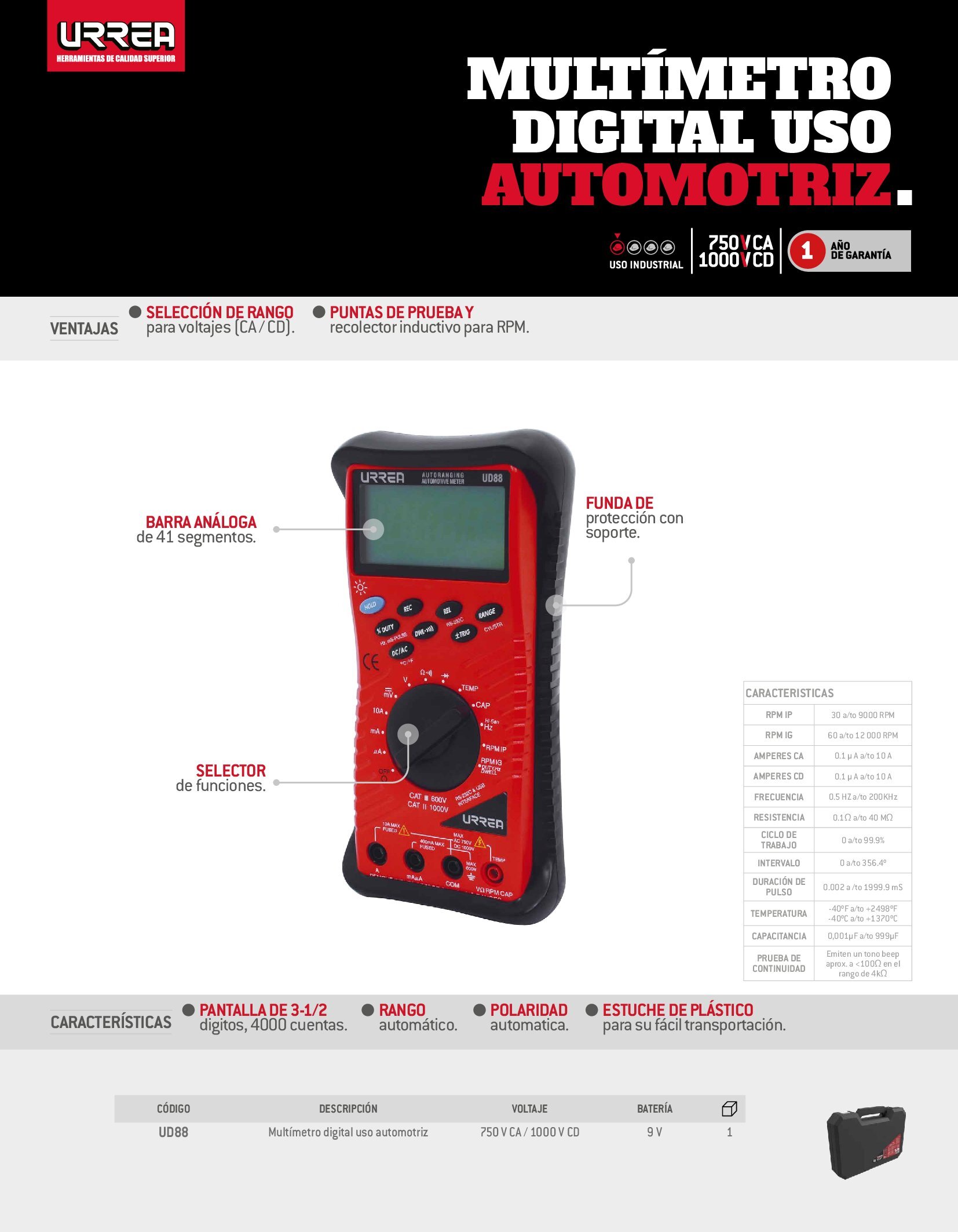MULTÍMETRO DIGITAL AUTOMOTRIZ AUTORANGO URREA UD88 - Image 2