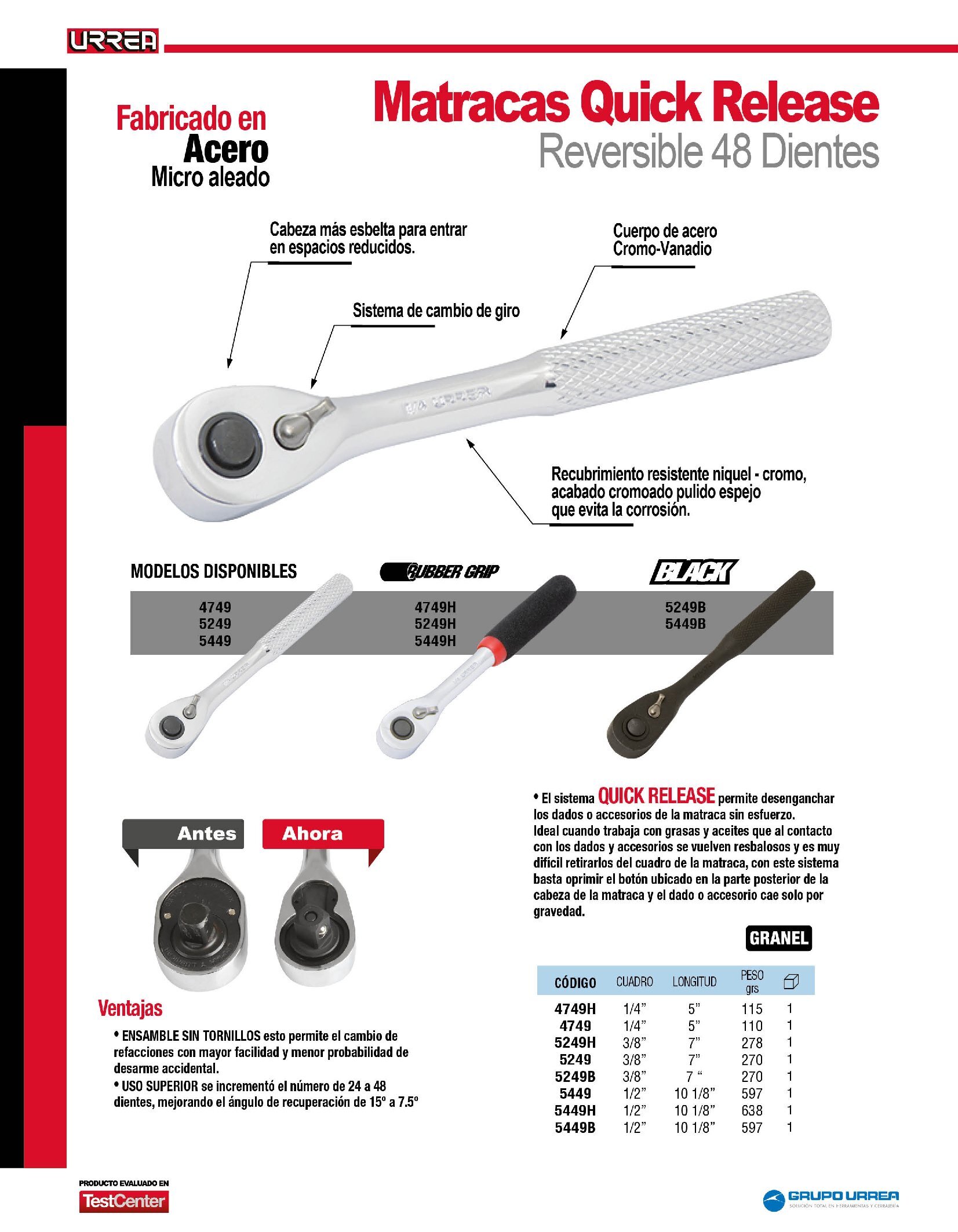 MATRACA REVERSIBLE PARA DADO URREA 5249 CROMADA CUADRO DE 3/8'' - Image 2
