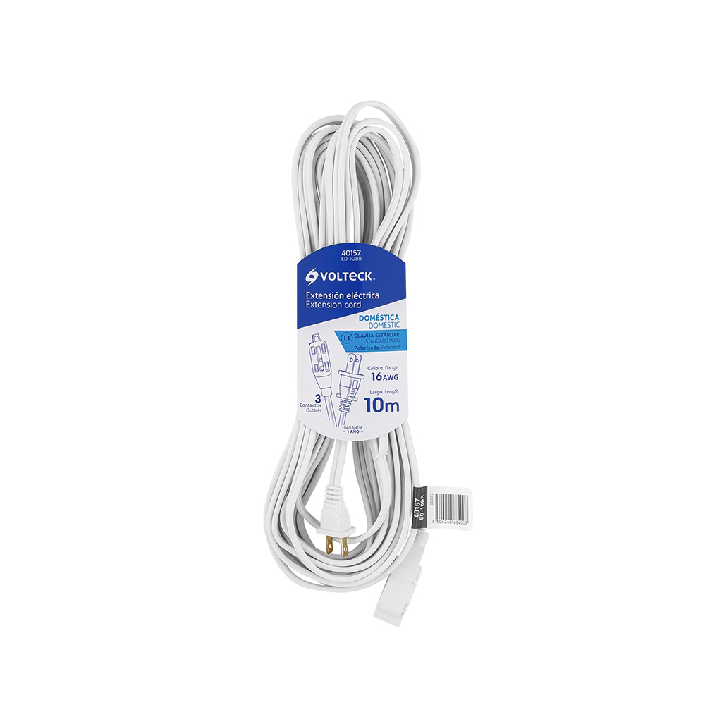 EXTENSION DOMESTICA VOLTECK ED-10BR DE 10 METROS CLAVIJA RECTA COLOR BLANCO