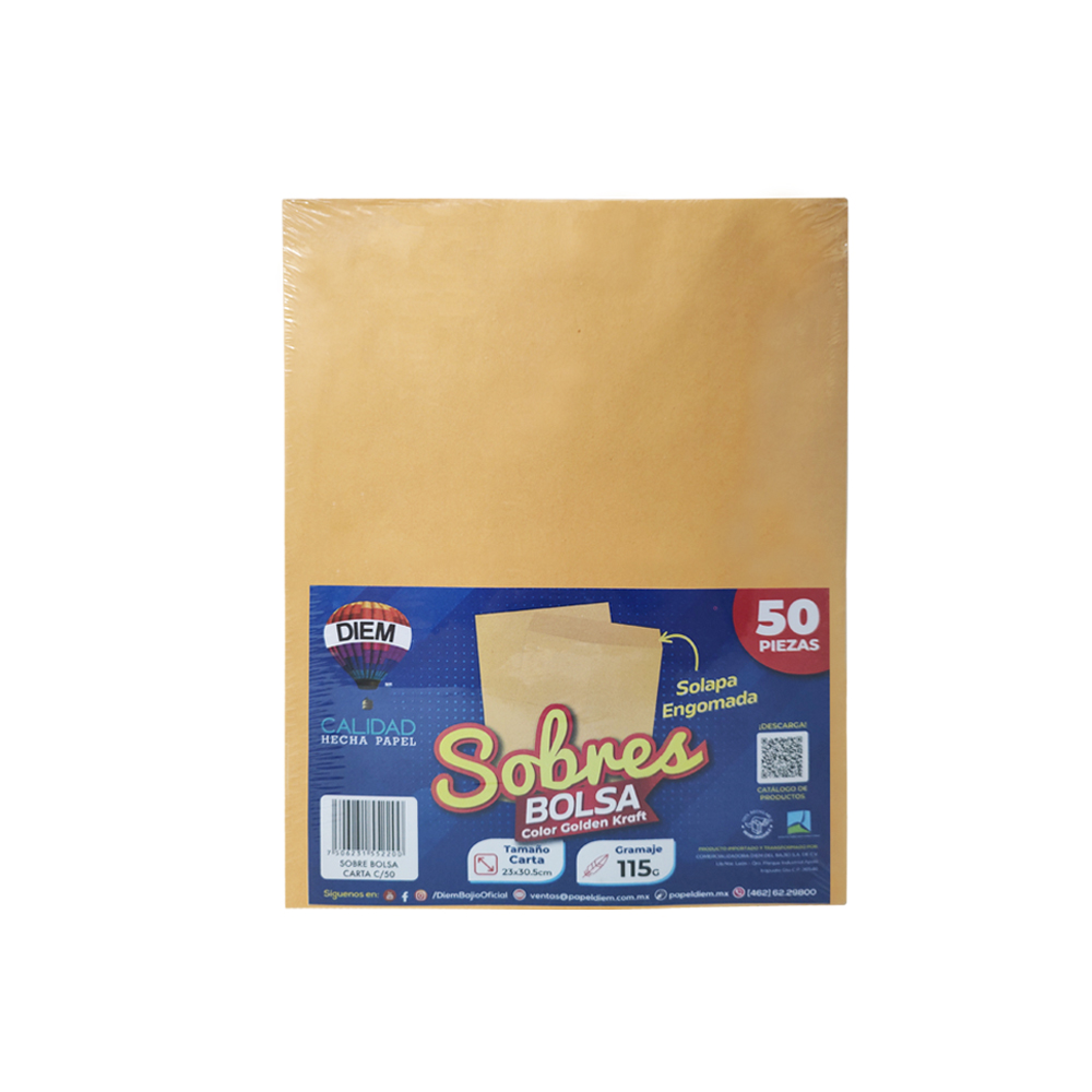 SOBRE DE PAPEL DIEM GOLDEN KRAFT TAMAÑO CARTA 115 GRAMOS SOLAPA ENGOMADA PAQUETE CON 50 PIEZAS