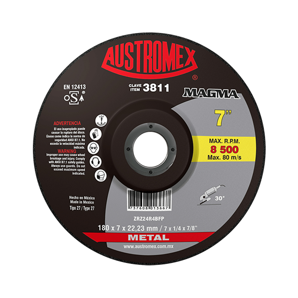 DISCO DE DESBASTE AUSTROMEX 3811 ZIRCONIO 7" X 1/4" X 7/8"