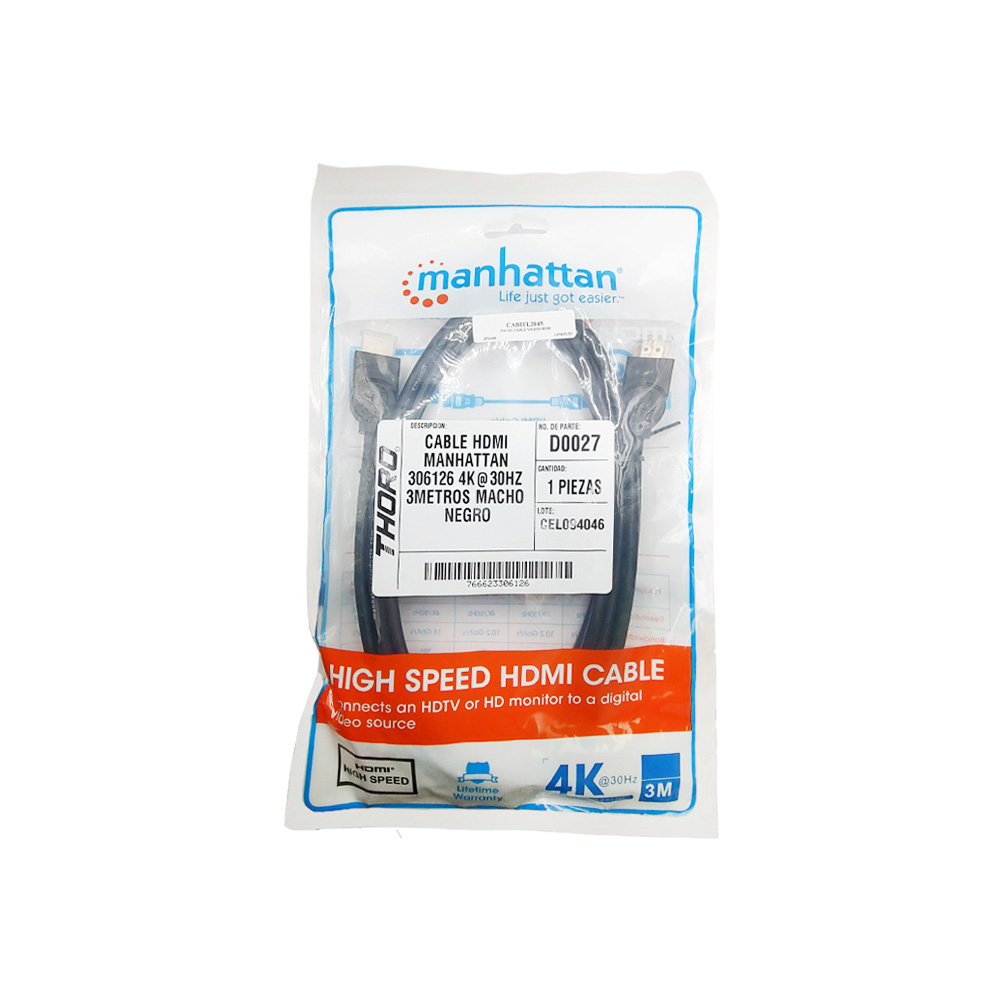 CABLE HDMI MANHATTAN 306126 4K@30HZ 3 METROS MACHO NEGRO