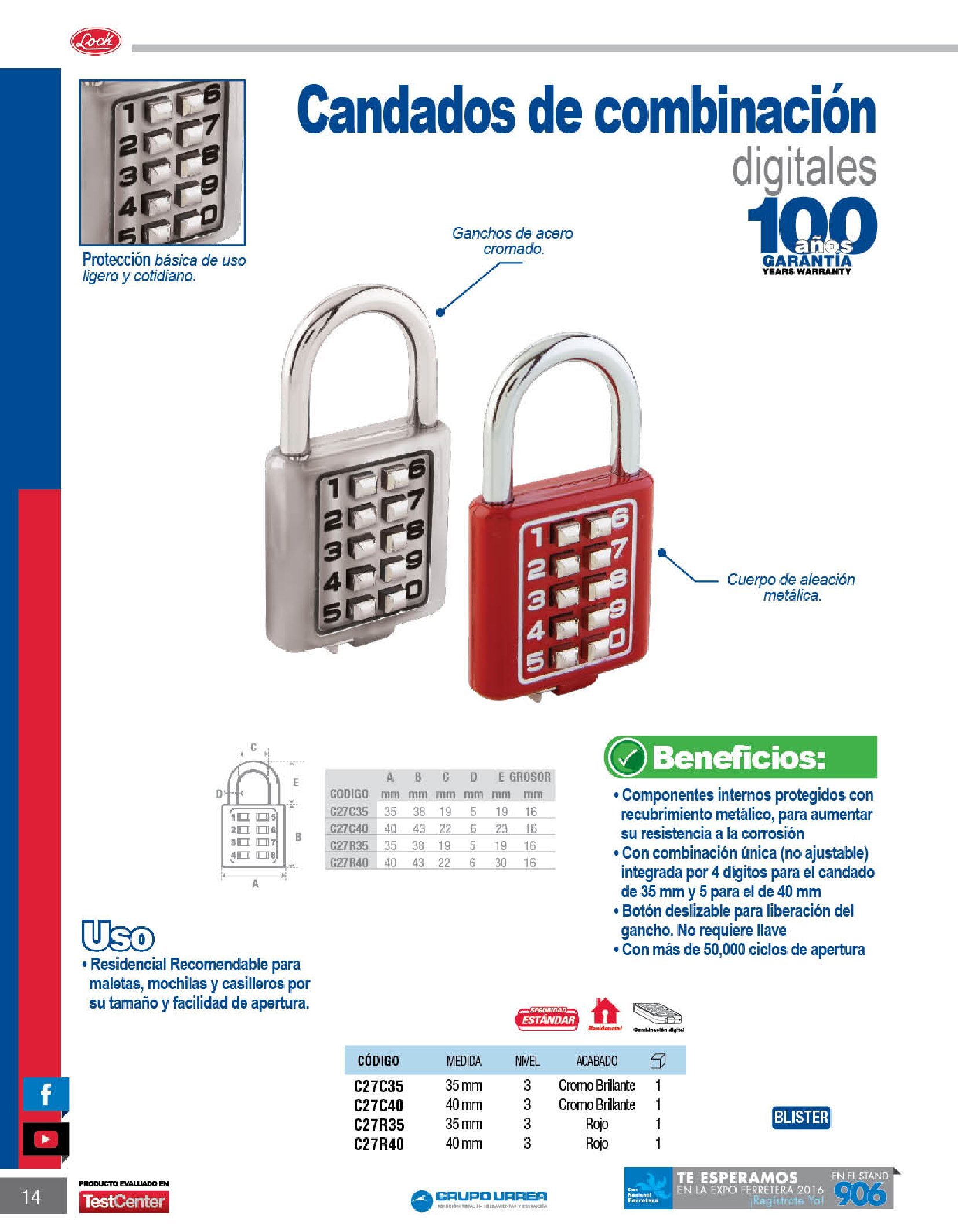 CANDADO DE COMBINACION DIGITAL LOCK C27R40 ROJO DE 40 MILIMETROS - Image 2