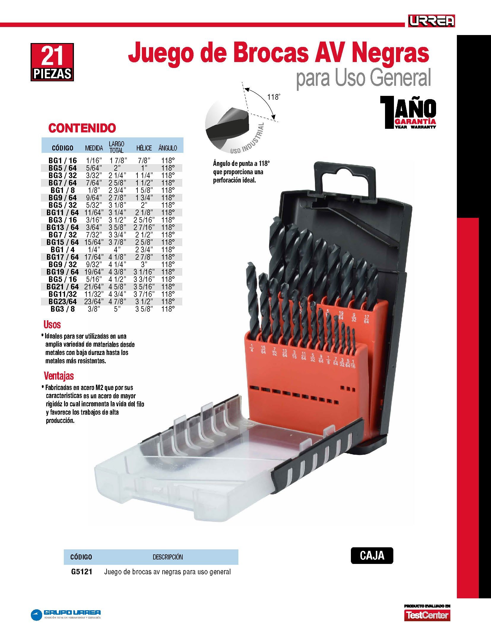 JUEGO DE BROCAS URREA G5121 PAQUETE CON 21 PIEZAS USO GENERAL 1/16''-3/8'' - Image 2