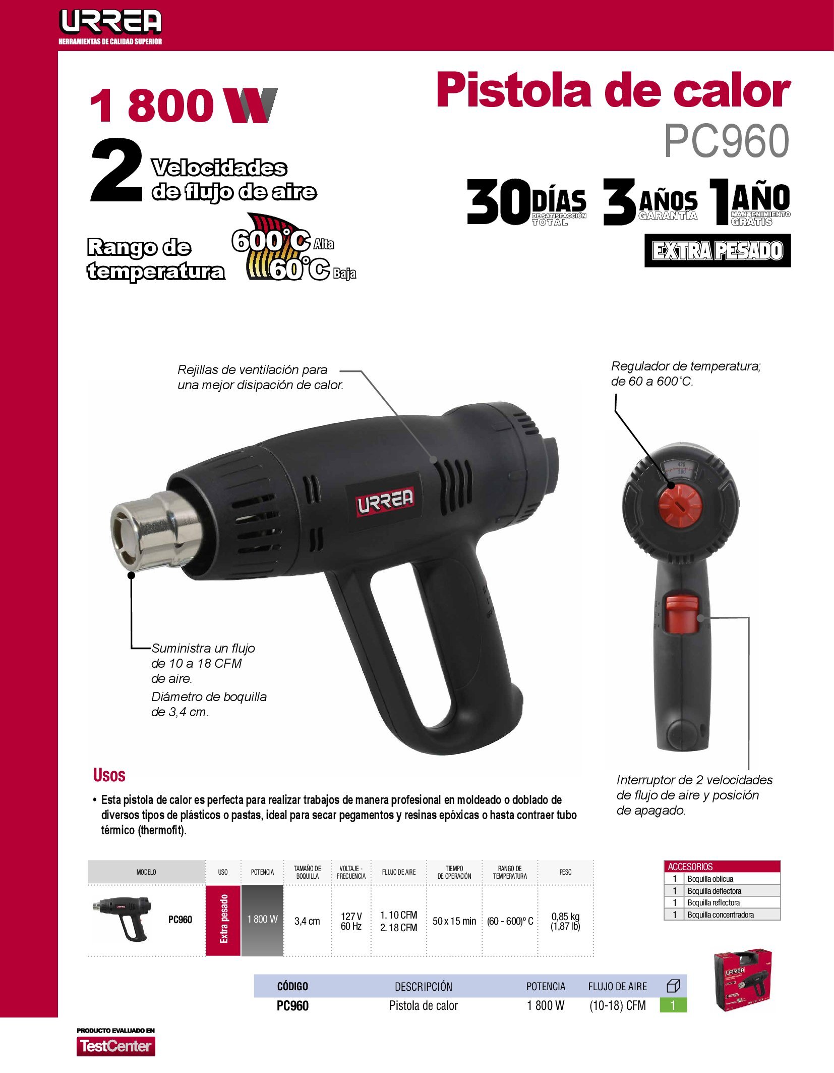 PISTOLA DE CALOR URREA PC960 120 VOLTS 1800 WATTS 600 GRADOS CENTIGRADOS - Image 2