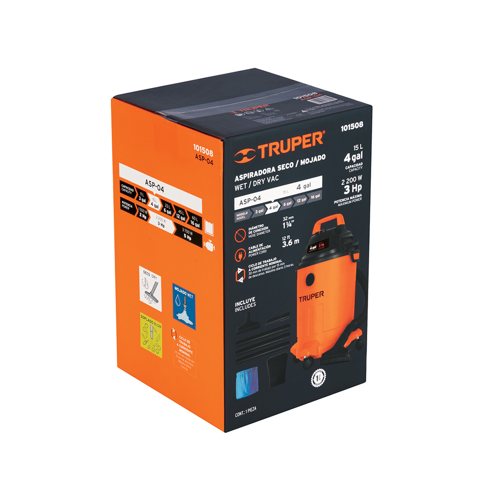 ASPIRADORA PLASTICA DE LIQUIDOS Y SOLIDOS TRUPER ASP-04 CAPACIDAD DE 15 L - Image 3