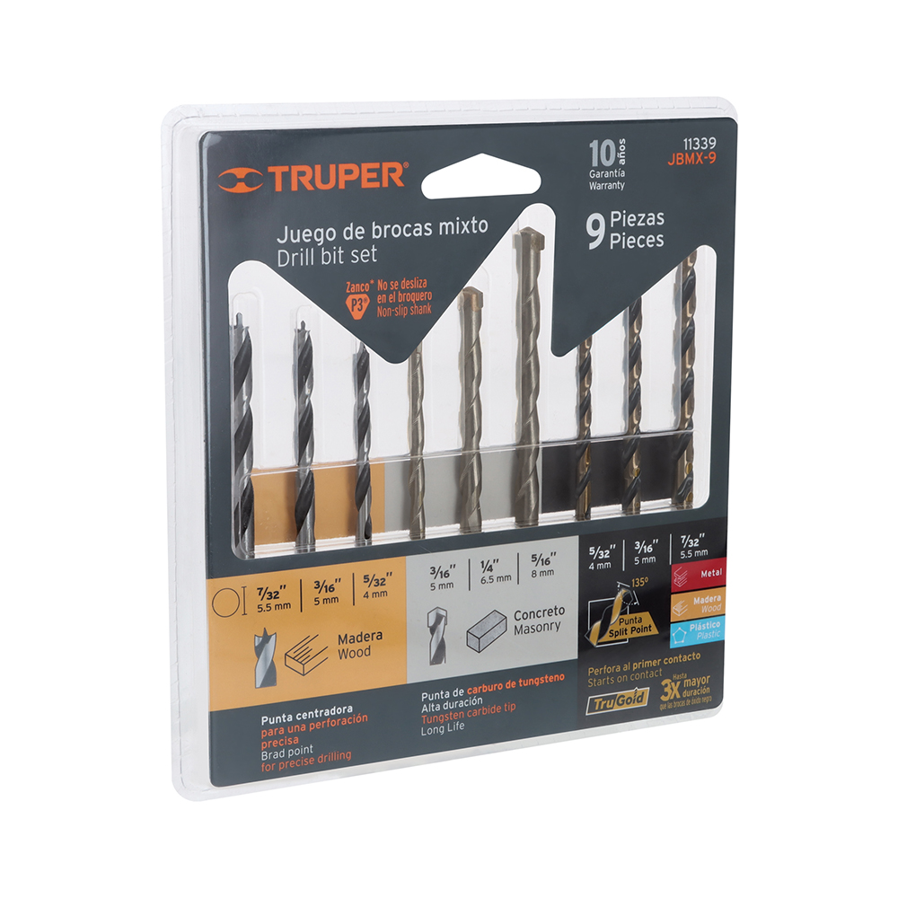 JUEGO DE 9 BROCAS PARA METAL CONCRETO Y MADERA TRUPER JBMX-9