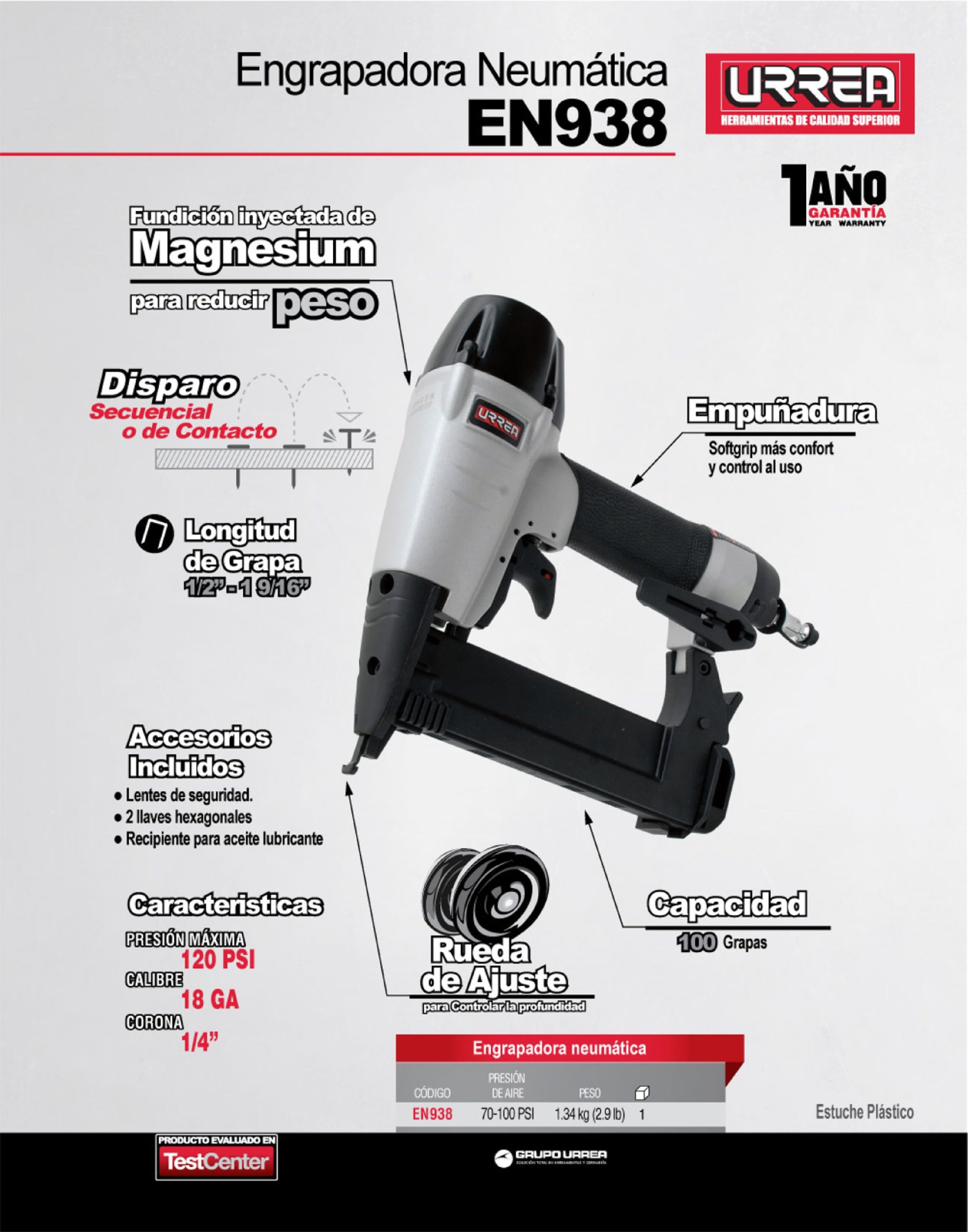 ENGRAPADORA NEUMATICA URREA EN938 CALIBRE 18 USO EXTRA PESADO GRAPA DE HASTA 1-9/16'' - Image 2
