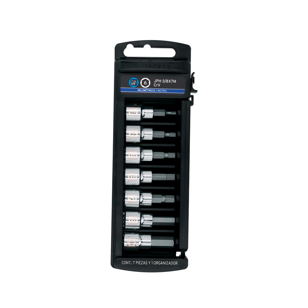 JUEGO DE 7 DADOS CON PUNTA HEXAGONAL TRUPER JPH-3/8X7M CUADRO 3/8