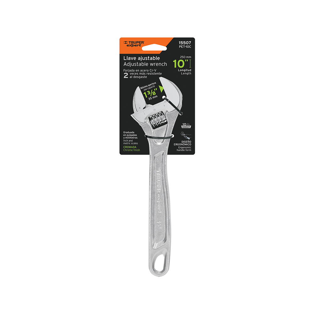 LLAVE AJUSTABLE (PERICO) TRUPER PET-10C DE 10 PULGADAS PROFESIONAL CROMADO
