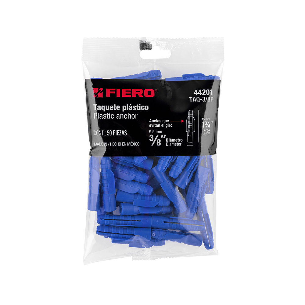 TAQUETE PLASTICO FIERO COLOR AZUL TAQ-3/8P 3/8 PULGADAS BOLSA CON 50 PAQUETES