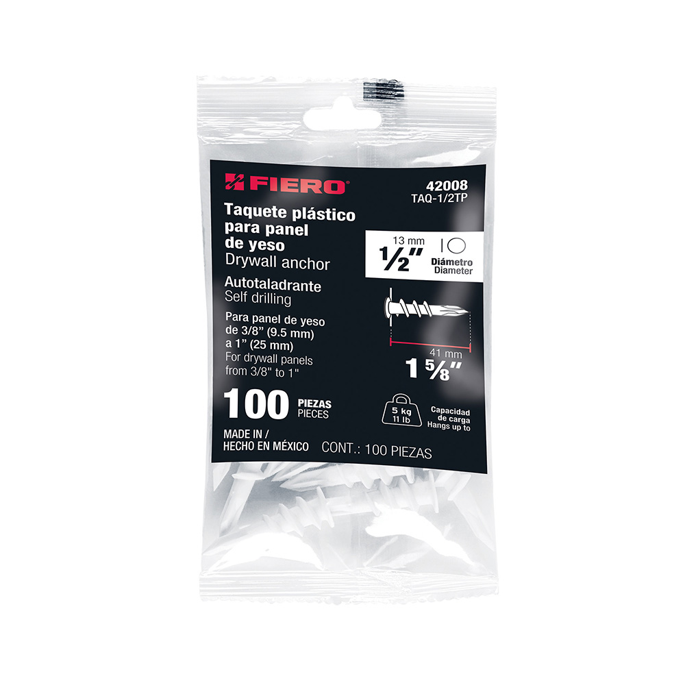 BOLSA DE TAQUETES DE PLASTICO FIERO PARA PANEL DE YESO TAQ-1/2TP 1/2 PULGADAS 100 PZS