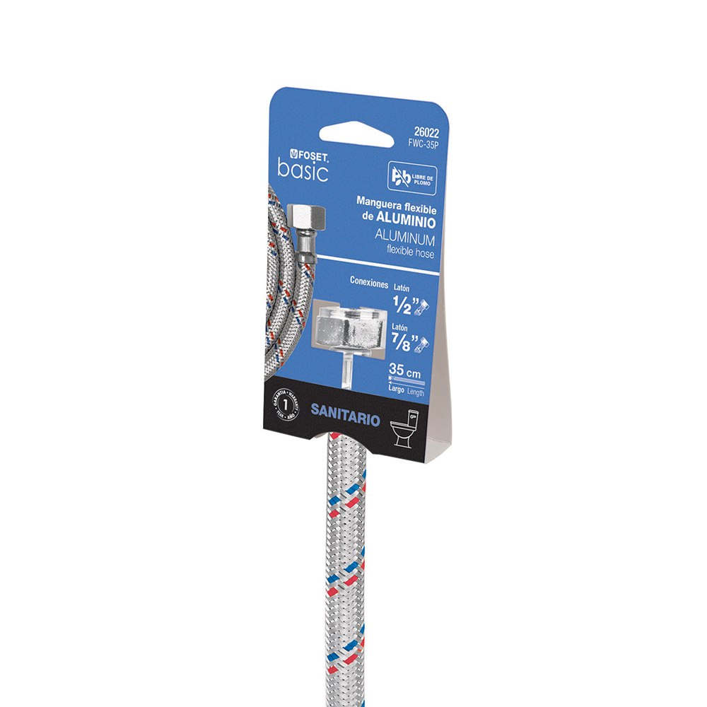 MANGUERA FLEXIBLE PARA W.C. FOSET FWC-35P TRENZADO ALUMINIO 1/2 X 7/8 TUERCA LATON/LATON - Image 2