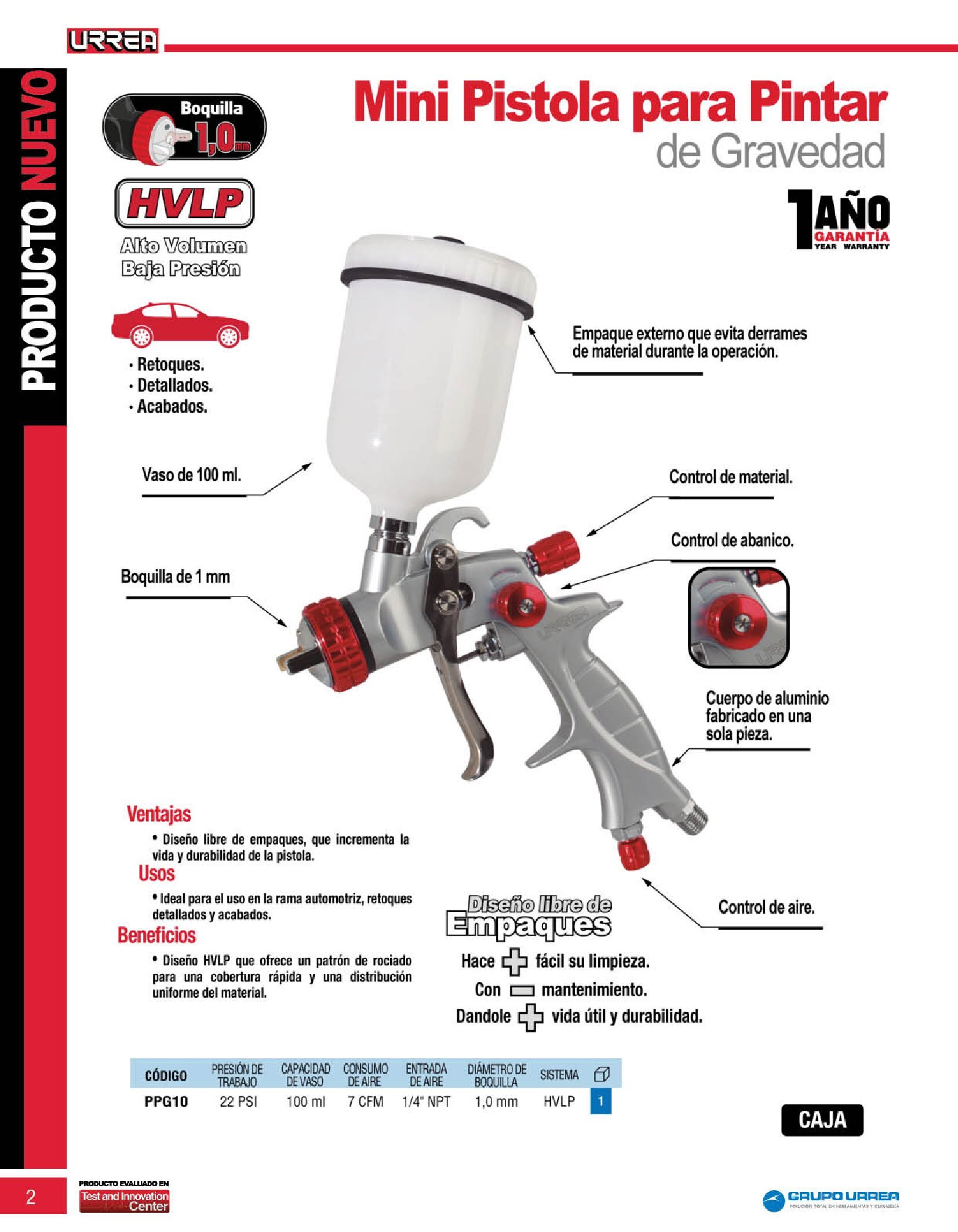 PISTOLA PARA PINTAR URREA PPG10 GRAVEDAD 100 MILILITROS 1.0 MILIMETROS - Image 2