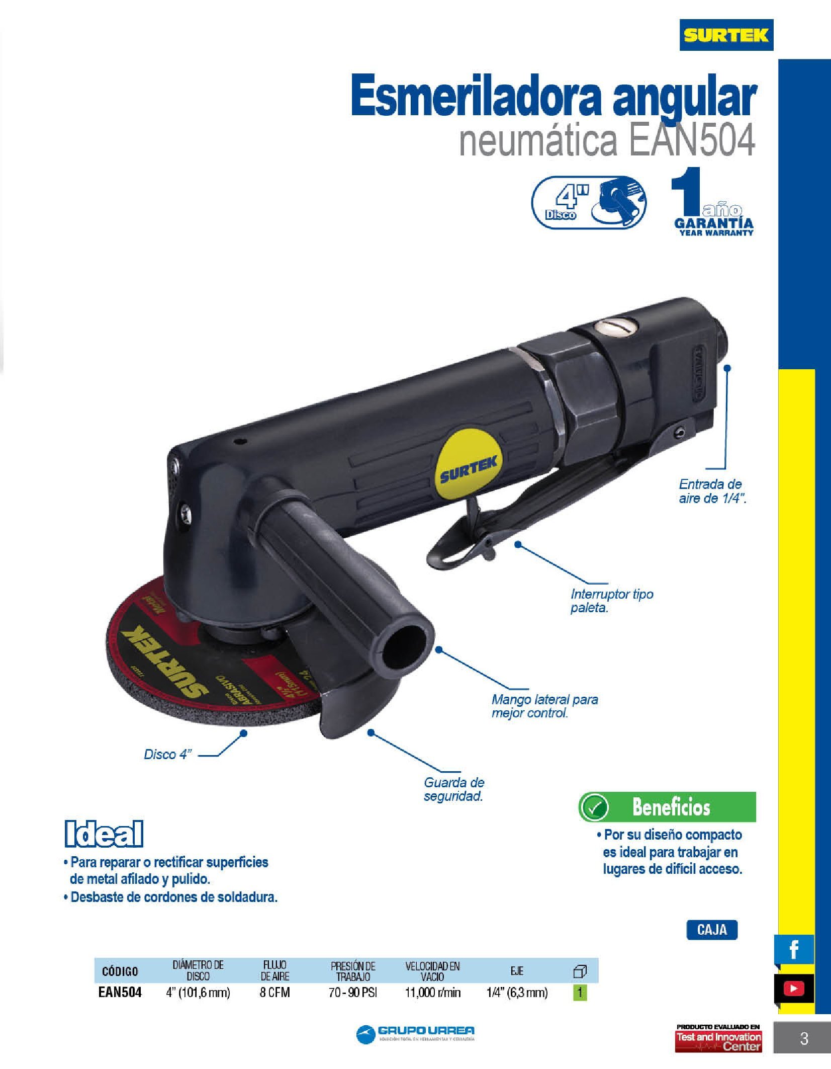ESMERILADORA ANGULAR NEUMATICA SURTEK EAN504 PARA DISCOS CON DIÁMETRO DE 4'' - Image 2