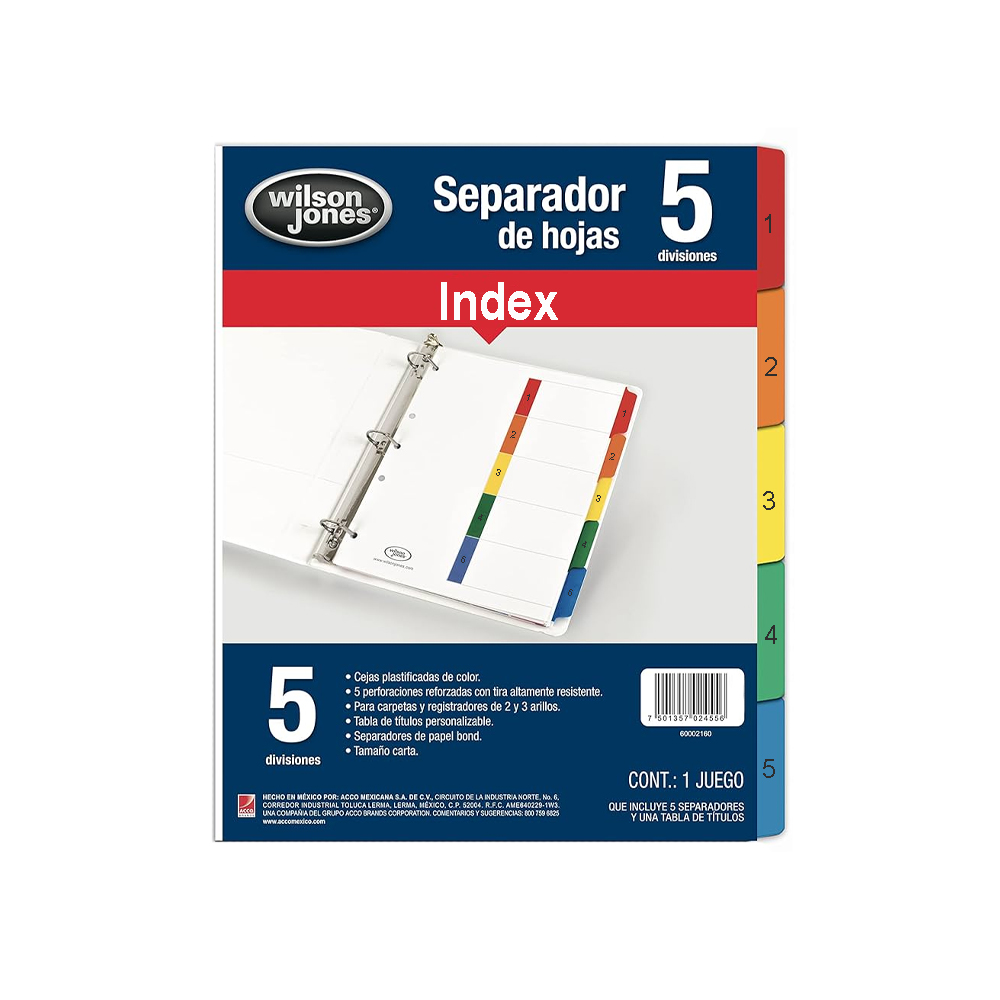 SEPARADOR PARA CARPETA ACCO WILSON JONES P1345 DEL 1 AL 5 CON NUMERO INDEX