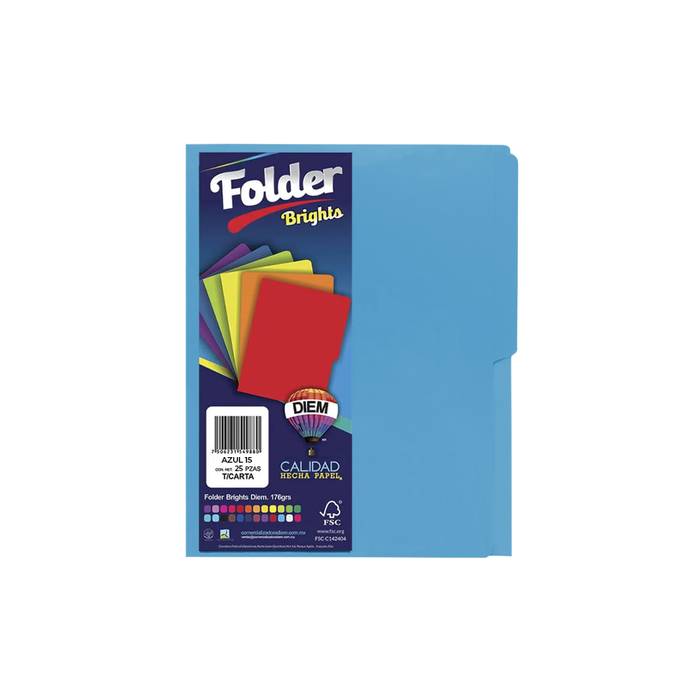 FOLDER TAMAÑO CARTA DIEM BRIGHTS AZUL 15 PAQUETE CON 25 PIEZAS 176 GRAMOS
