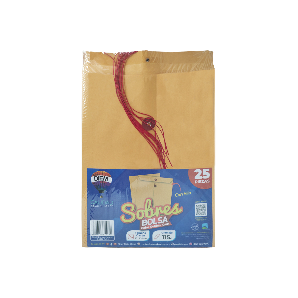 SOBRE DE PAPEL KRAFT DIEM PAQUETE CON 25 PIEZAS GOLDEN TAMAÑO CARTA CON RONDANA