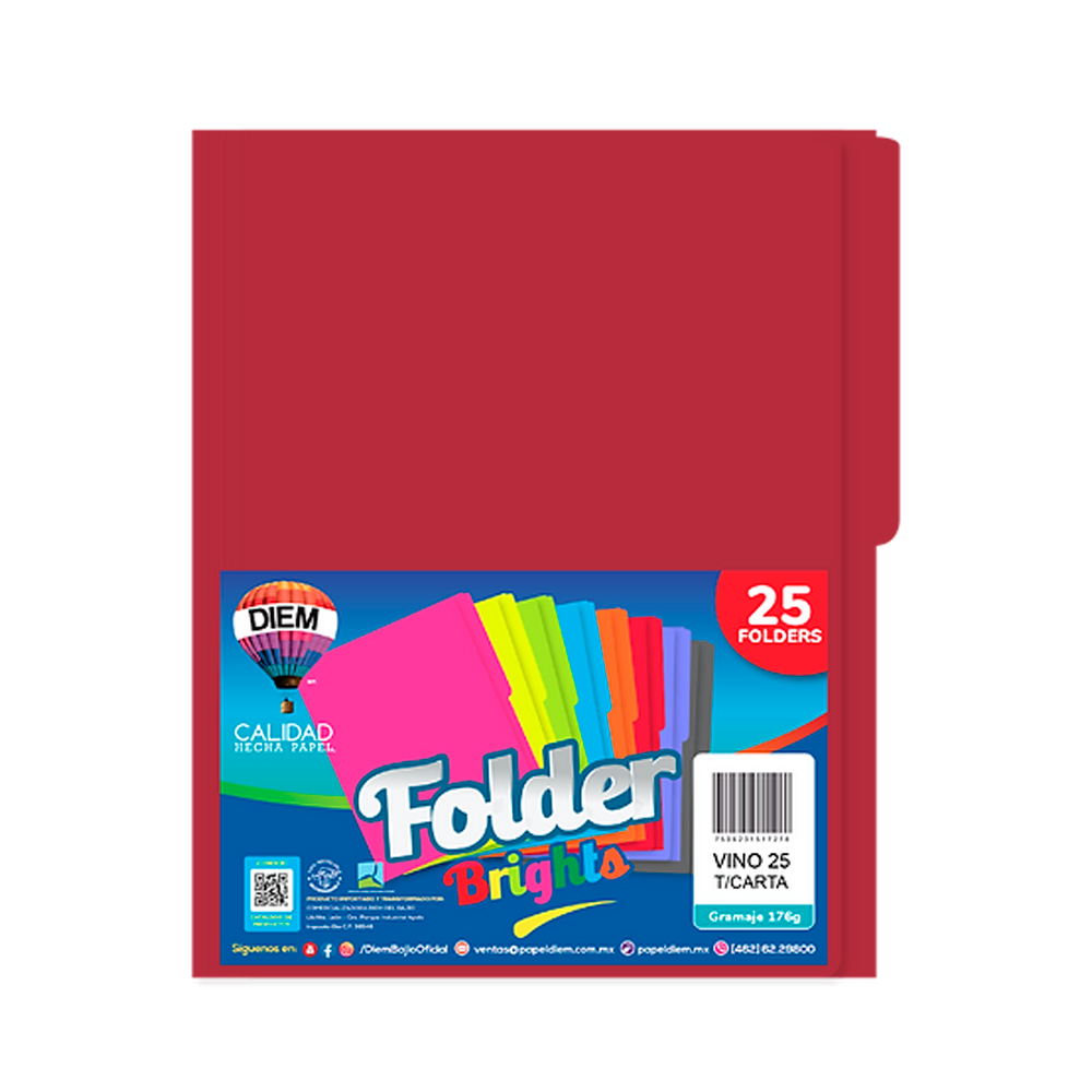 FOLDER TAMAÑO CARTA DIEM BRIGHTS VINO 025 PAQUETE CON 25 PIEZAS
