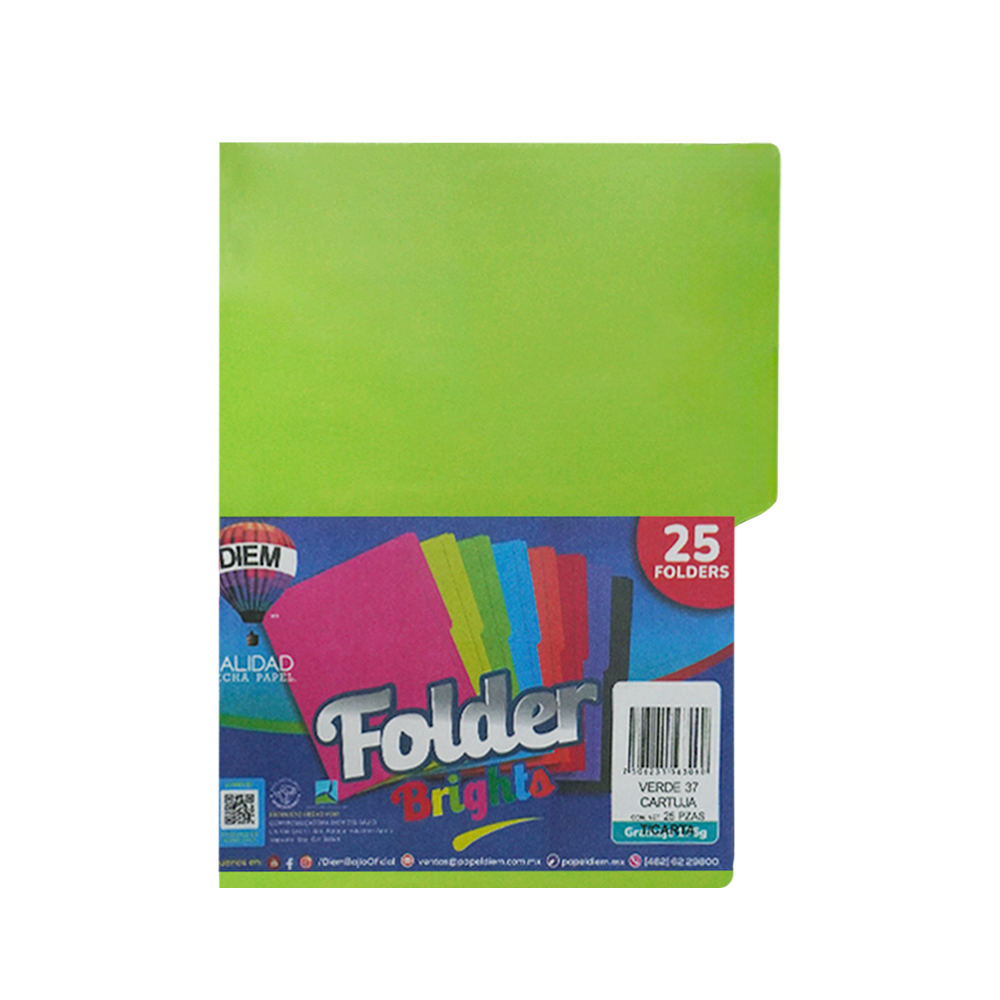 FOLDER TAMAÑO CARTA DIEM BRIGHTS VERDE CARTUJA 37 PAQUETE CON 25 PIEZAS