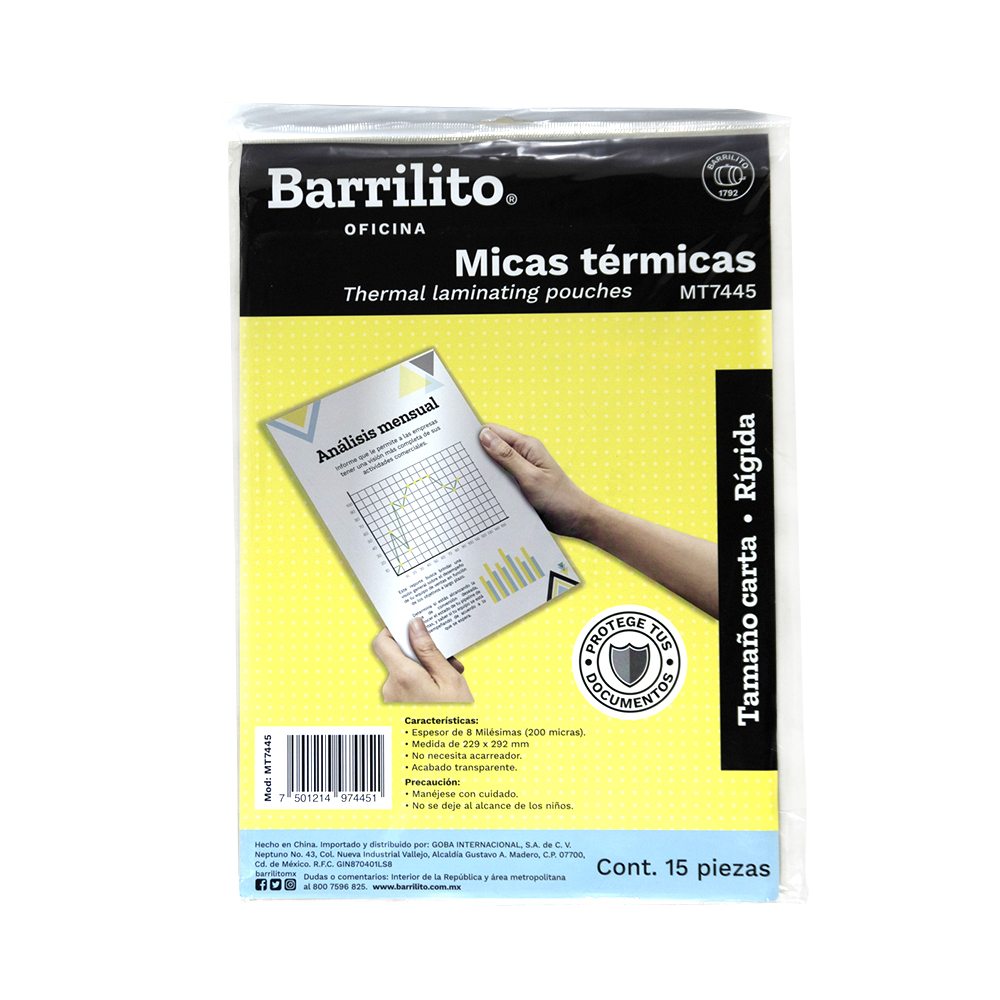 MICA TERMICA BARRILITO MT7445 TAMAÑO CARTA 22.9 X 29.2 CENTIMETROS 15 PIEZAS