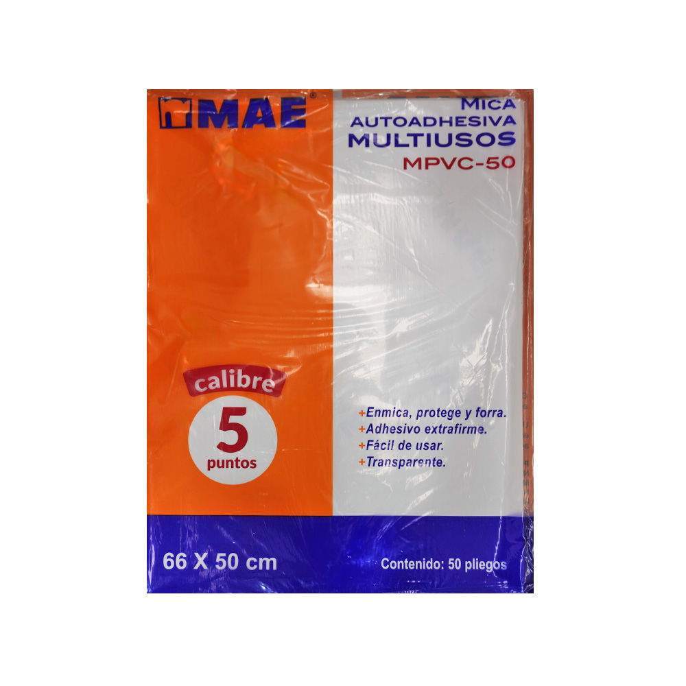 PLIEGO DE MICA ADHERIBLE MAE MPVC-50 50 CENTIMETROS X 66 CENTIMETROS PAQUETE CON 50 PIEZAS