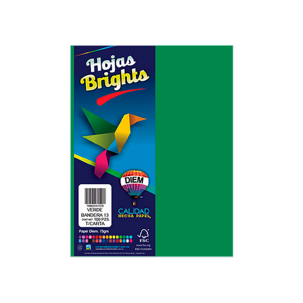 HOJA DE PAPEL DIEM BRIGHTS PAQUETE CON 100 PIEZAS VERDE BANDERA NEON 13 TAMAÑO CARTA 75 GRAMOS