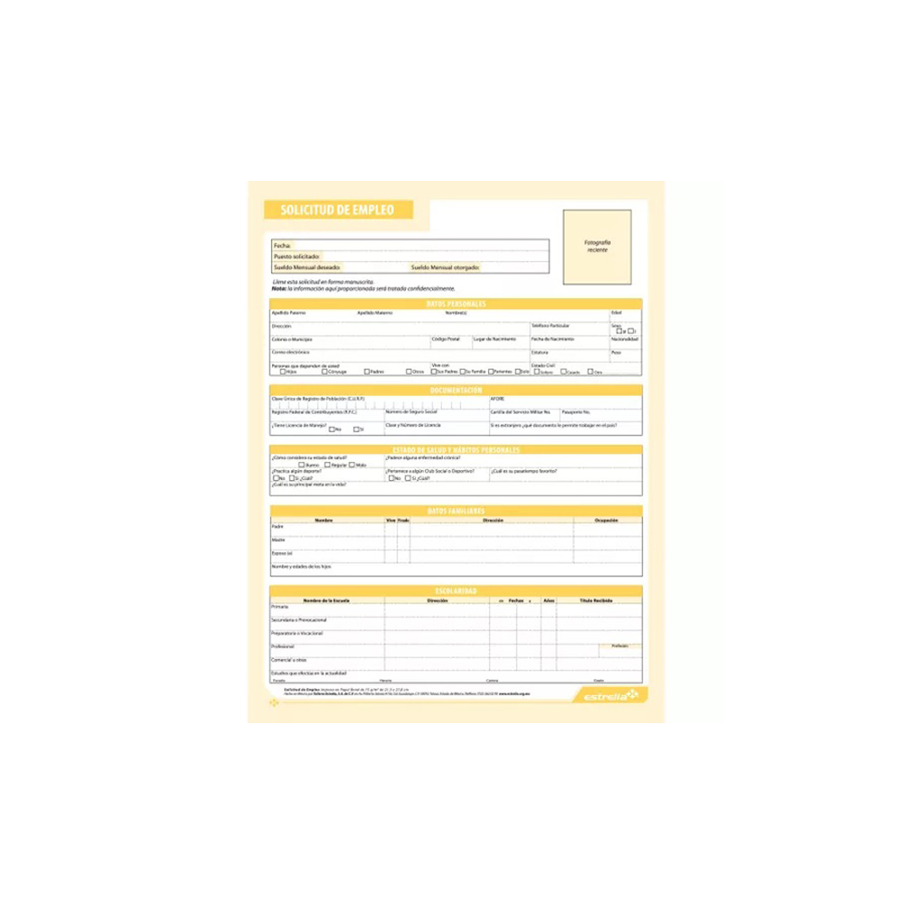 BLOCK SOLICITUD DE EMPLEO ESTRELLA OFFICE 0655 CON 200 HOJAS