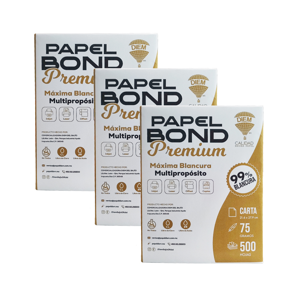 HOJA DE PAPEL BOND PREMIUM DIEM PAQUETE 500 PIEZAS TAMAÑO CARTA 21.6X27.9 CENTIMETROS 99% 75 GRAMOS - Image 3