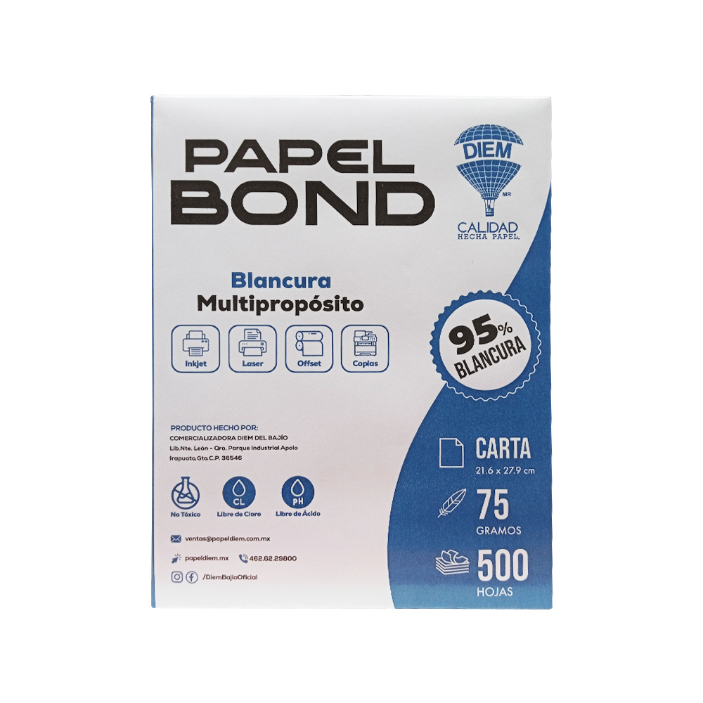 HOJA DE PAPEL BOND DIEM PAQUETE 500 PIEZAS TAMAÑO CARTA 95% BLANCURA 75 GRAMOS