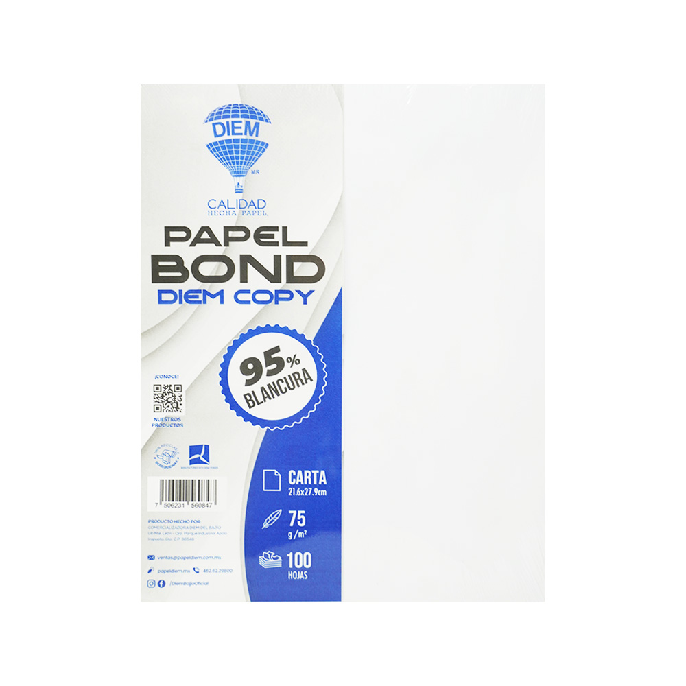 HOJA DE PAPEL BOND COPY DIEM PAQUETE 100 PIEZAS TAMAÑO CARTA 95% BLANCURA 21.6 X 27.9 CM 75 GRAMOS