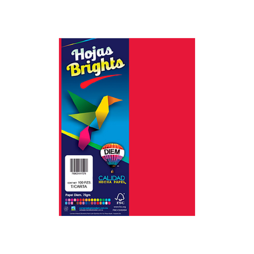 HOJA DE PAPEL DIEM BRIGHTS PAQUETE CON 100 PIEZAS ROJO ESCARLATA 5A TAMAÑO CARTA 75 GRAMOS