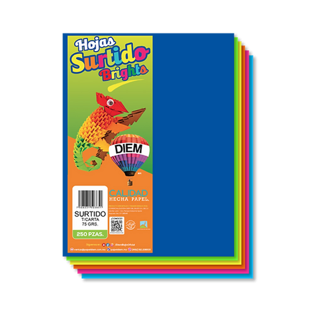 HOJA DE PAPEL DIEM BRIGHTS PAQUETE CON 250 PIEZAS SURTIDO TAMAÑO CARTA 75 GRAMOS