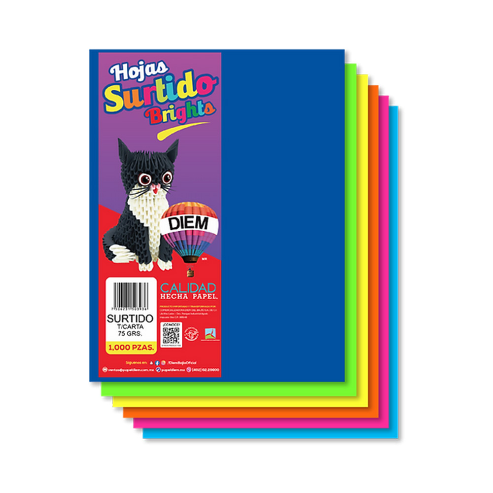 HOJA DE PAPEL DIEM BRIGHTS PAQUETE CON 1000 PIEZAS SURTIDO TAMAÑO CARTA 75 GRAMOS
