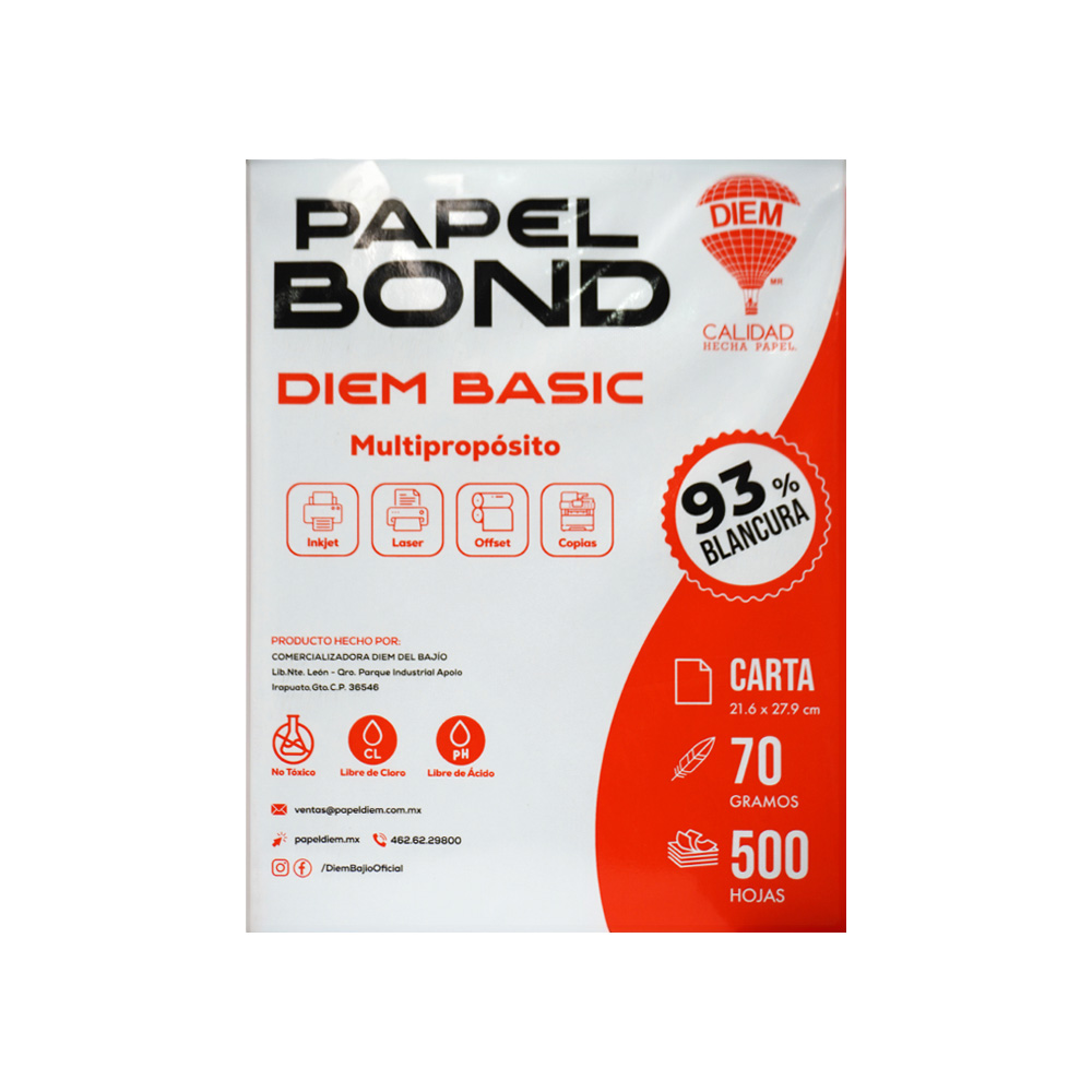 HOJA DE PAPEL BOND DIEM PAQUETE 500 PIEZAS TAMAÑO CARTA 93% BLANCURA 70 GRAMOS 21.6 X 27.9