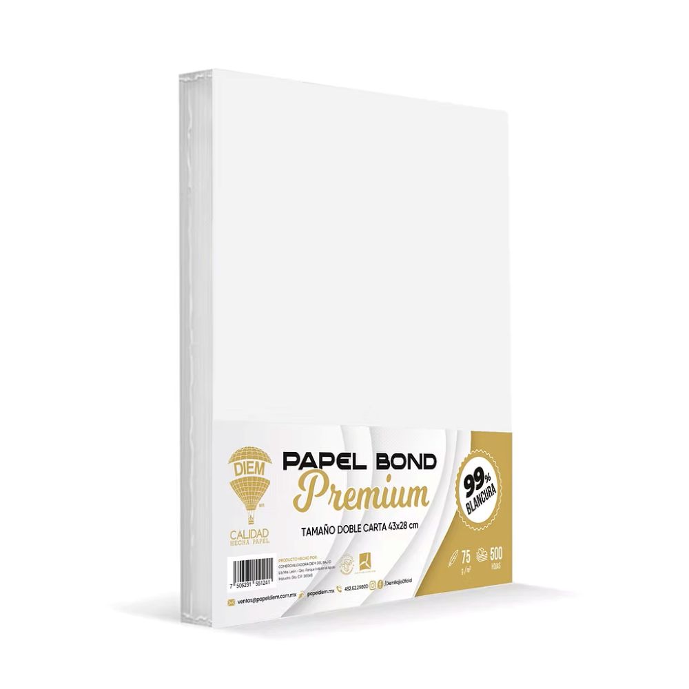 HOJA DE PAPEL BOND PREMIUM DIEM PAQUETE CON 500 PIEZAS DOBLE CARTA 99% 43X27.9 CENTIMETROS 75 GRAMOS