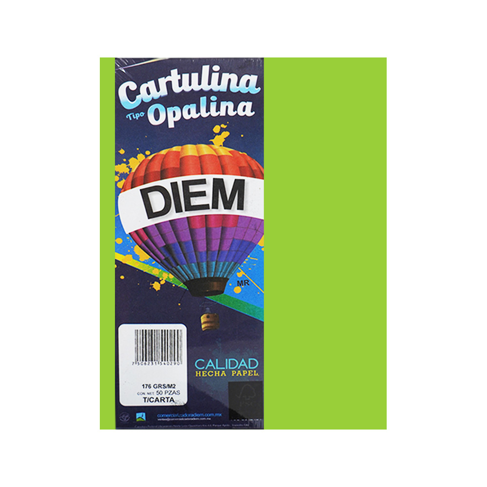 CARTULINA OPALINA DIEM BRIGHT VERDE CARTUJA 37 TAMAÑO CARTA 50 PIEZAS 176 GRAMOS
