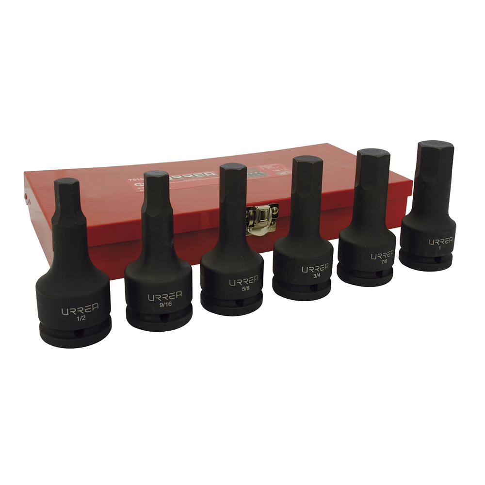 JUEGO DE 6 DADOS DE IMPACTO URREA 75150 CON PUNTA HEXAGONAL EN PULGADAS CUADRO DE 3/4''