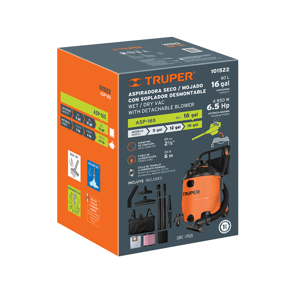 ASPIRADORA, SOPLADORA PLASTICA DE LIQUIDOS Y SOLIDOS TRUPER ASP-16S CAPACIDAD DE 60 L - Image 3