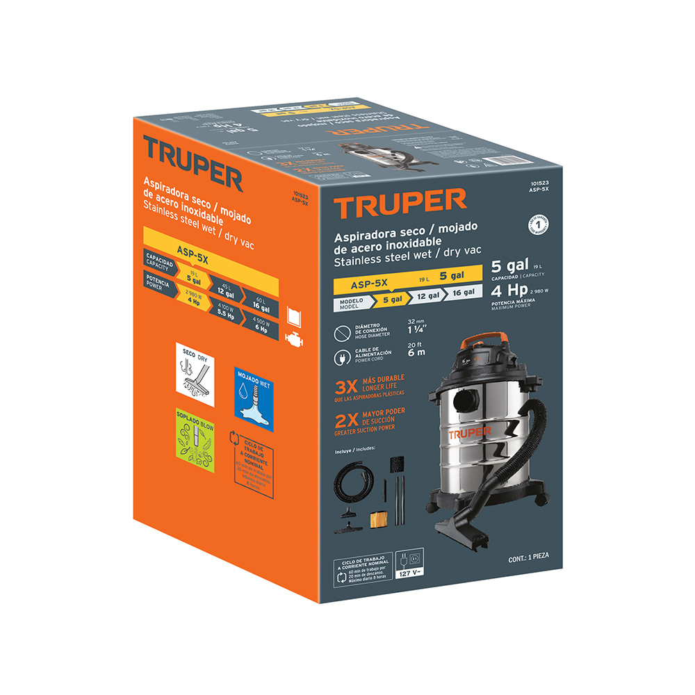 ASPIRADORA INDISTRIAL DE ACERO INOXIDABLE DE LIQUIDOS Y SOLIDOS TRUPER ASP-5X CAPACIDAD DE 19 L - Image 3