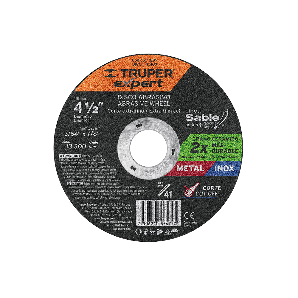 DISCO ABRASIVO DE 4-1/2 PULGADAS PARA CORTE EXTRAFINO DE METAL TRUPER DICOF-4510X