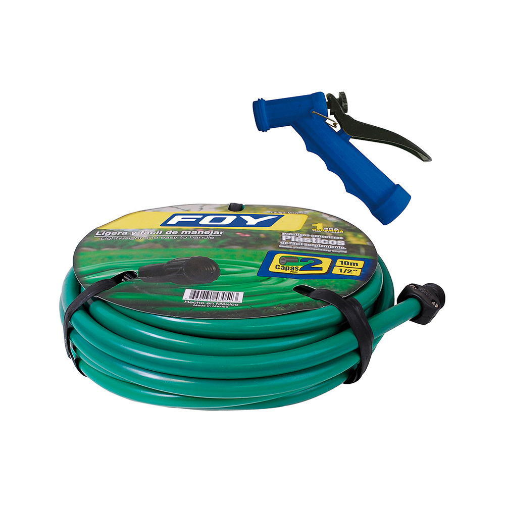 MANGUERA FOY M12PIM LISA PARA JARDÍN DOS CAPAS 1/2'' 10 METROS CON PISTOLA PARA RIEGO