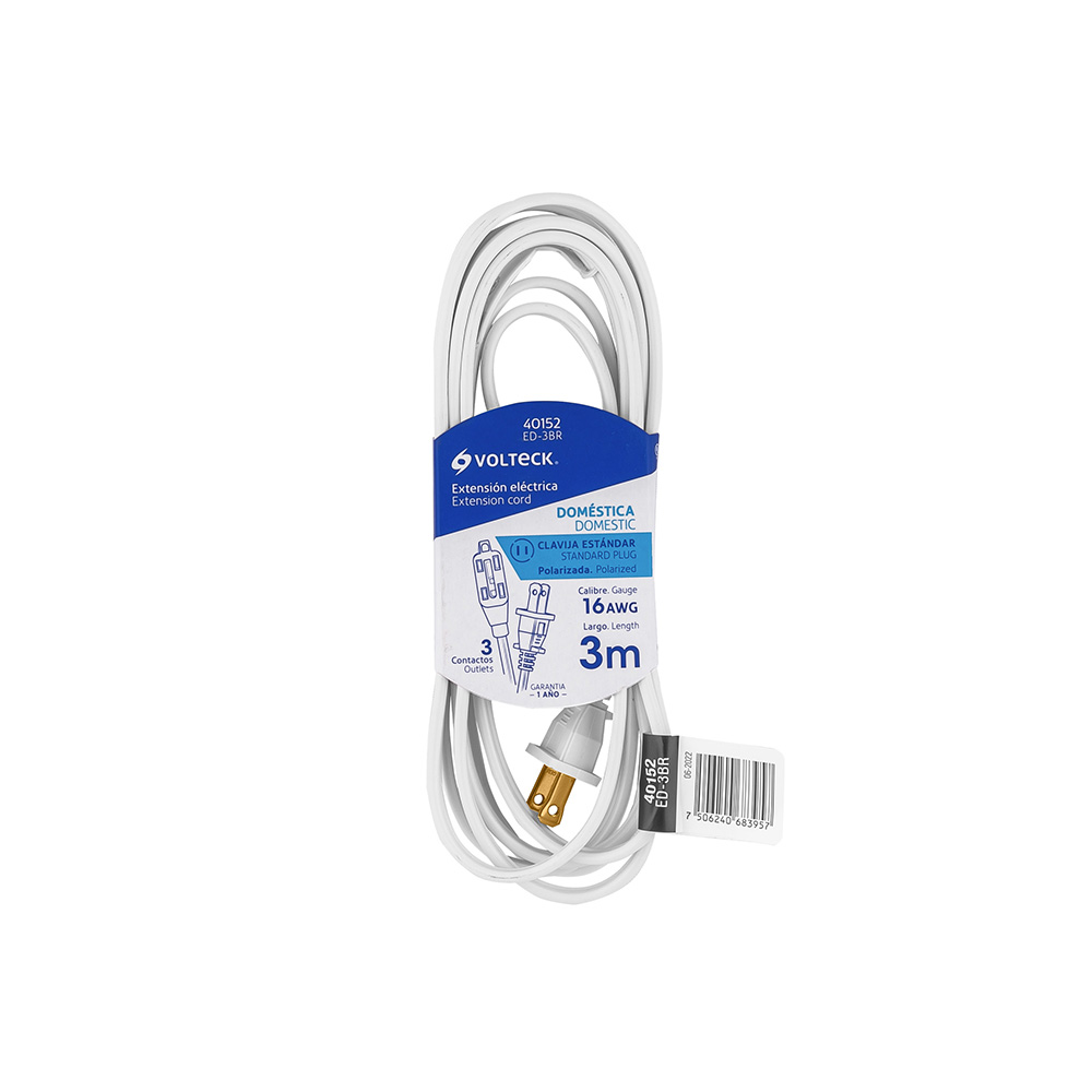 EXTENSION DOMESTICA VOLTECK ED-3BR DE 3 METROS CLAVIJA RECTA COLOR BLANCO