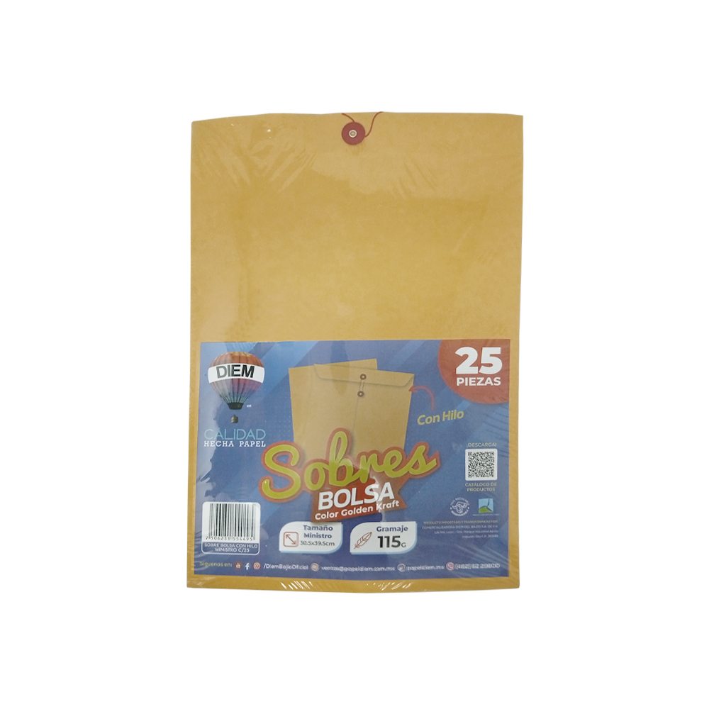 SOBRE DIEM BOLSA TAMAÑO MINISTRO LEGAL 115 GRAMOS 30.50X39.50 CENTIMETROS HILO PAQUETE 25 PIEZAS