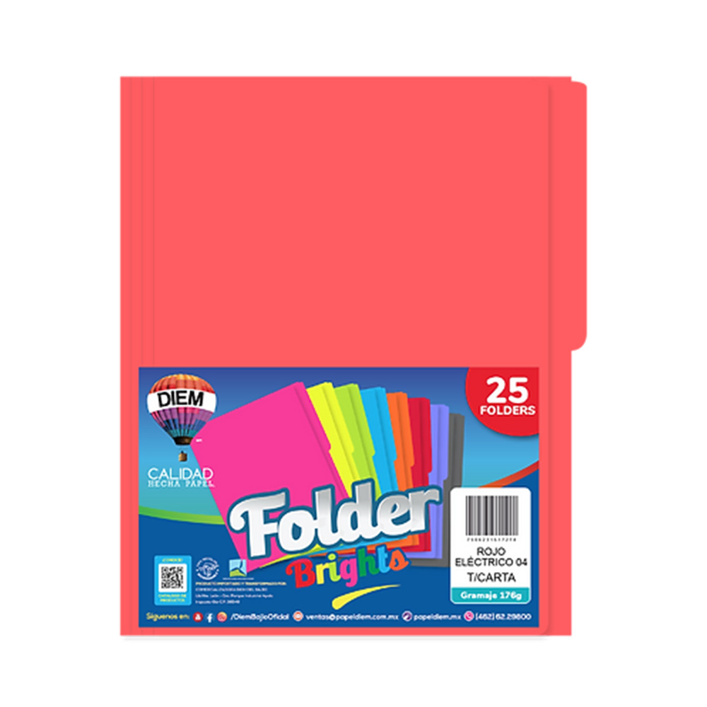 FOLDER TAMAÑO CARTA DIEM BRIGHTS ROJO ELECT 004 PAQUETE CON 25 PIEZAS